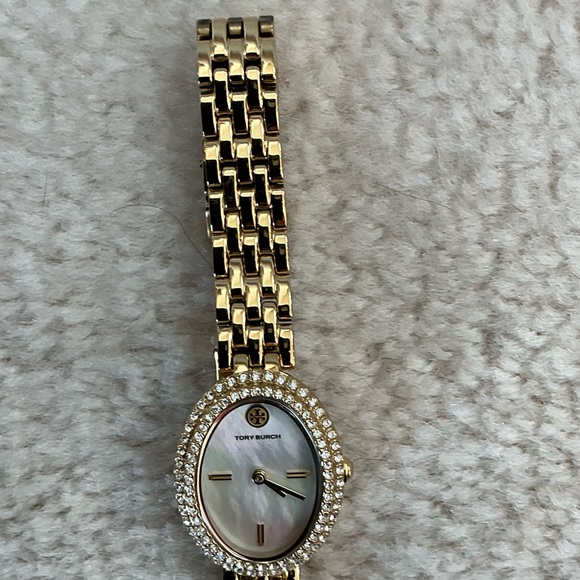 BEAUTIFUL TORY BURCH MOTHER OF PEARL PAVE EMBELLISHED GOLD TONE WATCH - Picture 11 of 16
